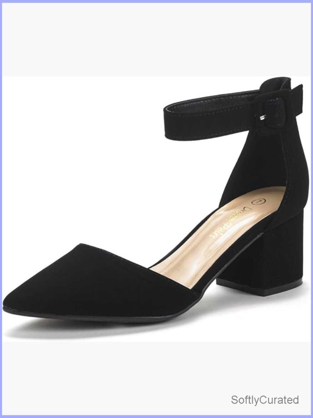 Pointed Toe Low Chunky Block Heel Pumps Ankle Buckle